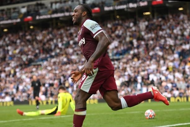 West Ham striker Michail Antonio celebrates after scoring the winning goal during the Premier League match between Leeds United and West Ham United...