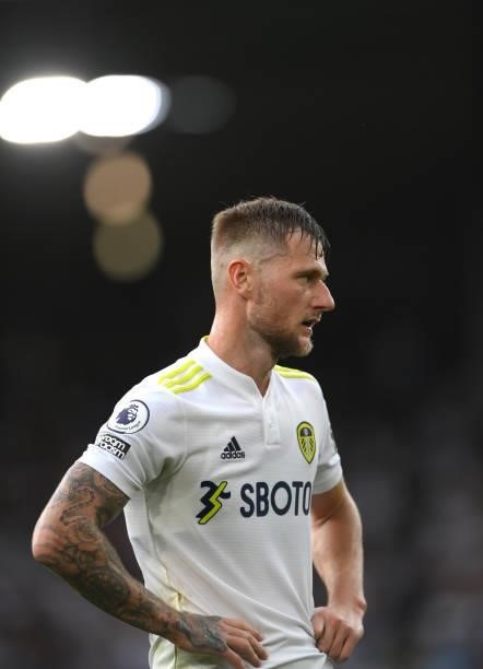 Leeds player Liam Cooper reacts during the Premier League match between Leeds United and West Ham United at Elland Road on September 25, 2021 in...