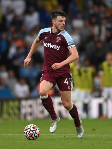 West Ham player Declan Rice in action during the Premier League match between Leeds United and West Ham United at Elland Road on September 25, 2021...