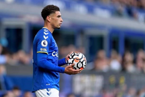 Ben Godfrey of Everton during the Premier League match between Everton and Norwich City at Goodison Park on September 25, 2021 in Liverpool, England..