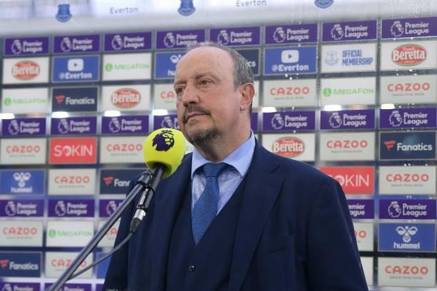 Rafael Benitez of Everton speaks to the media after the Premier League match between Everton and Norwich City at Goodison Park on September 25, 2021...