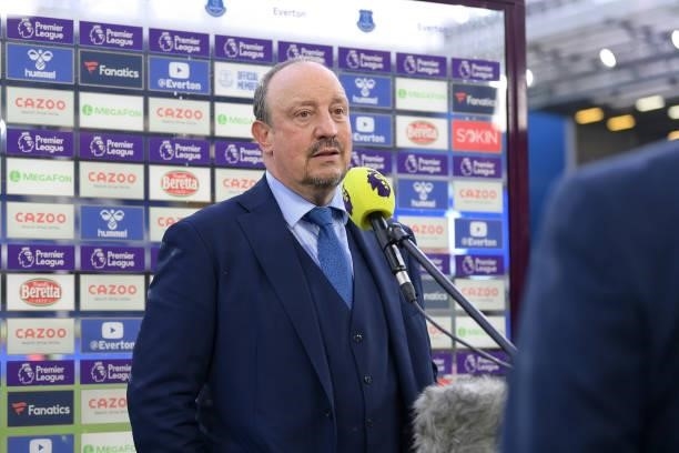 Rafael Benitez of Everton speaks to the media after the Premier League match between Everton and Norwich City at Goodison Park on September 25, 2021...
