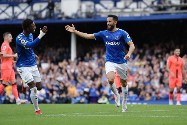Andros Townsend of Everton celebrates his goal with Demarai Gray during the Premier League match between Everton and Norwich City at Goodison Park on...