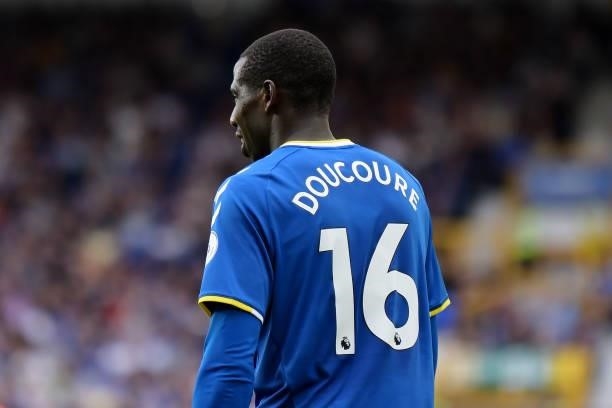Abdoulaye Doucoure of Everton during the Premier League match between Everton and Norwich City at Goodison Park on September 25, 2021 in Liverpool,...