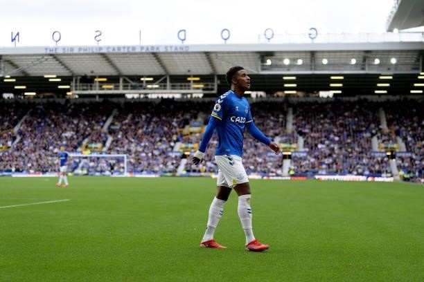 Demarai Gray of Everton during the Premier League match between Everton and Norwich City at Goodison Park on September 25, 2021 in Liverpool,...