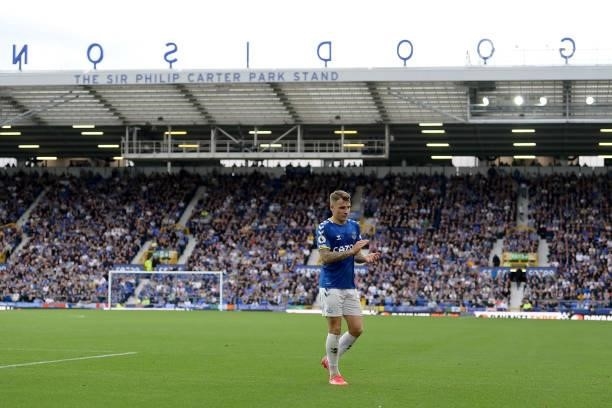 Lucas Digne of Everton during the Premier League match between Everton and Norwich City at Goodison Park on September 25, 2021 in Liverpool, England..