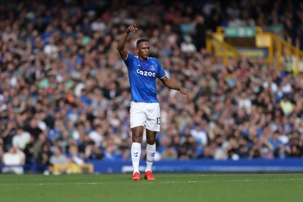 Yerry Mina of Everton during the Premier League match between Everton and Norwich City at Goodison Park on September 25, 2021 in Liverpool, England..