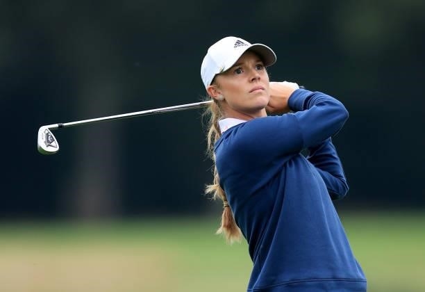 Kristalle Blum of England plays her second shot on the 18th hole during the Rose Ladies Series Final at Bearwood Lakes Golf Club on September 25,...