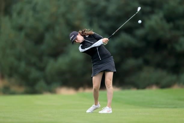 Keely Chiericato of England plays her second shot on the 18th hole during the Rose Ladies Series Final at Bearwood Lakes Golf Club on September 25,...