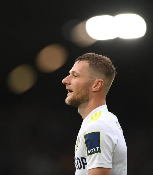Leeds player Liam Cooper looks on during the Premier League match between Leeds United and West Ham United at Elland Road on September 25, 2021 in...