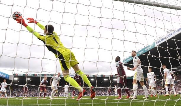 Leeds goalkeeper Illan Meslier makes a finger tip save during the Premier League match between Leeds United and West Ham United at Elland Road on...