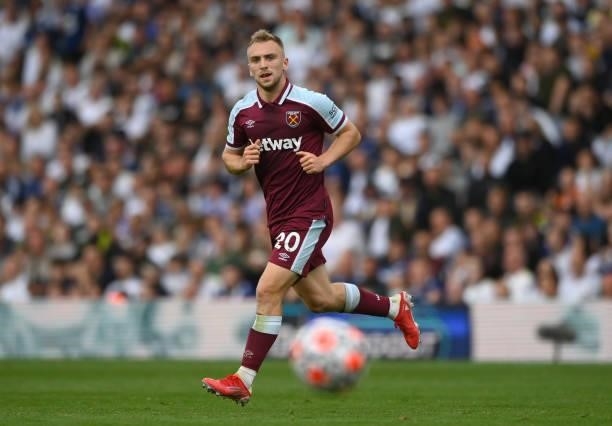 West Ham player Jarrod Bowen in action during the Premier League match between Leeds United and West Ham United at Elland Road on September 25, 2021...