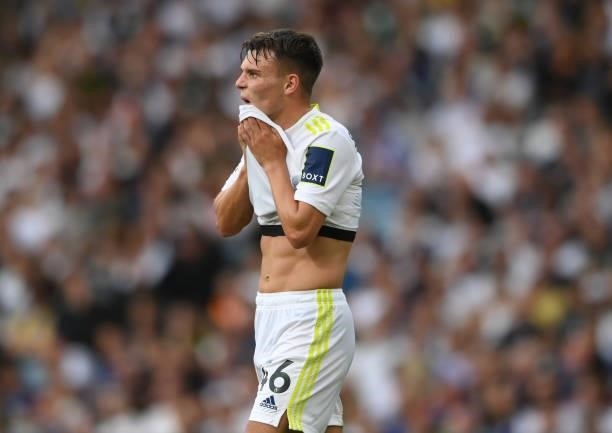 Leeds player Jamie Shackleton reacts dejectedly during the Premier League match between Leeds United and West Ham United at Elland Road on September...