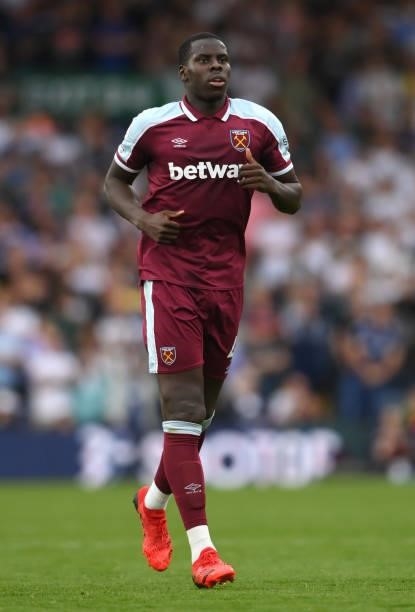 West Ham player Kurt Zouma in action during the Premier League match between Leeds United and West Ham United at Elland Road on September 25, 2021 in...