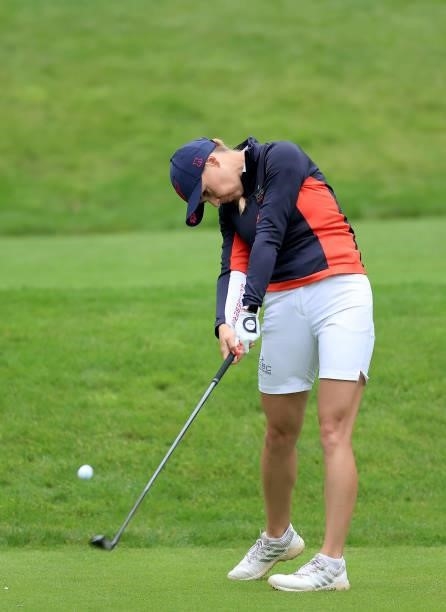 Gemma Clews of England plays her tee shot on the seventh hole during the Rose Ladies Series Final at Bearwood Lakes Golf Club on September 25, 2021...