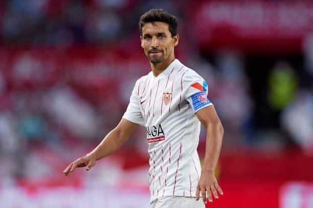 Jesus Navas of Sevilla FC reacts during the La Liga Santader match between Sevilla FC and RCD Espanyol at Estadio Ramon Sanchez Pizjuan on September...