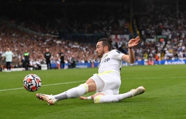 Leeds player Jack Harrison in action during the Premier League match between Leeds United and West Ham United at Elland Road on September 25, 2021 in...