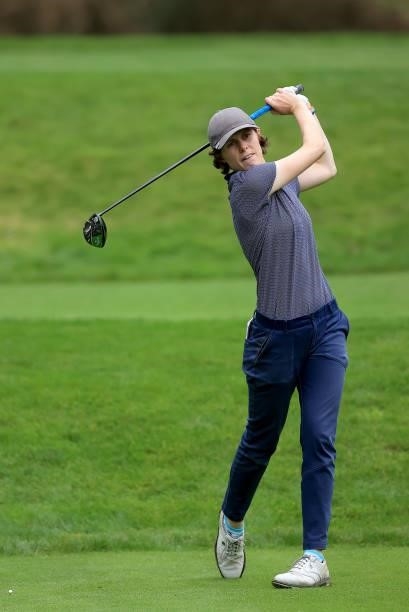 Bel Wardle of England plays her tee shot on the seventh hole during the Rose Ladies Series Final at Bearwood Lakes Golf Club on September 25, 2021 in...