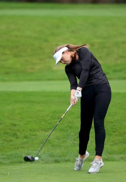 Rachel Drummond of England plays her tee shot on the seventh hole during the Rose Ladies Series Final at Bearwood Lakes Golf Club on September 25,...