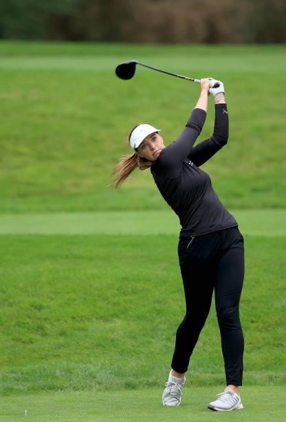 Rachel Drummond of England plays her tee shot on the seventh hole during the Rose Ladies Series Final at Bearwood Lakes Golf Club on September 25,...