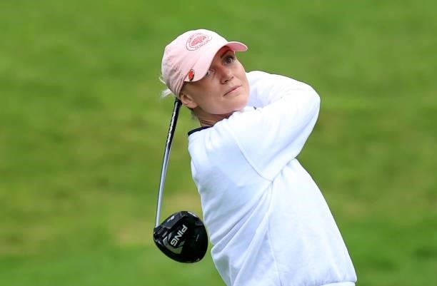 Freda Gustafsson Spang of England plays her tee shot on the seventh hole during the Rose Ladies Series Final at Bearwood Lakes Golf Club on September...