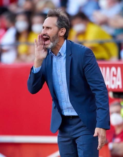 Vicente Moreno, coach of RCD Espanyol reacts during the La Liga Santader match between Sevilla FC and RCD Espanyol at Estadio Ramon Sanchez Pizjuan...