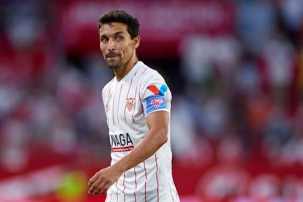 Jesus Navas of Sevilla FC reacts during the La Liga Santader match between Sevilla FC and RCD Espanyol at Estadio Ramon Sanchez Pizjuan on September...