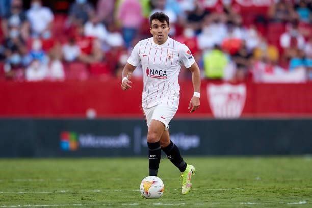 Marcos Acuna of Sevilla FC in action during the La Liga Santader match between Sevilla FC and RCD Espanyol at Estadio Ramon Sanchez Pizjuan on...