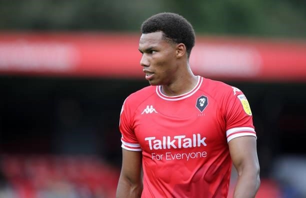 Corrie Ndaba of Salford City in action during the Sky Bet League Two match between Salford City and Northampton Town at Peninsula Stadium on...