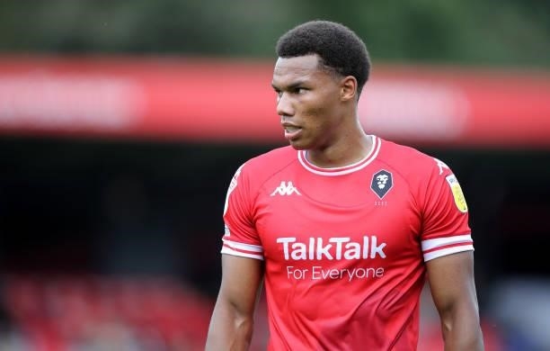 Corrie Ndaba of Salford City in action during the Sky Bet League Two match between Salford City and Northampton Town at Peninsula Stadium on...