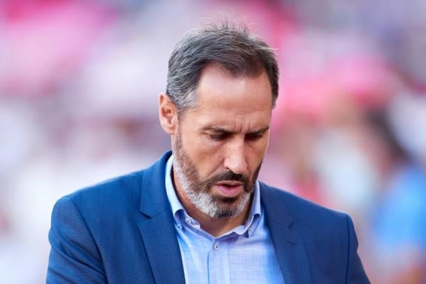 Vicente Moreno, coach of RCD Espanyol looks on during the La Liga Santader match between Sevilla FC and RCD Espanyol at Estadio Ramon Sanchez Pizjuan...