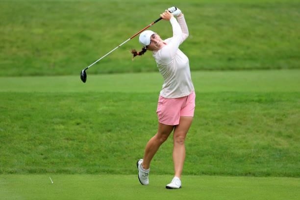 Lily May Humphreys of England plays her tee shot on the seventh hole during the Rose Ladies Series Final at Bearwood Lakes Golf Club on September 25,...