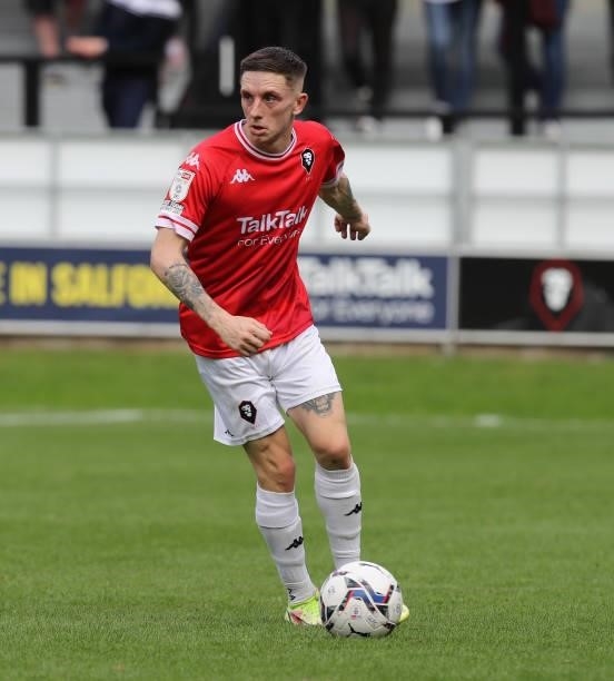 Ash Hunter of Salford City in action during the Sky Bet League Two match between Salford City and Northampton Town at Peninsula Stadium on September...