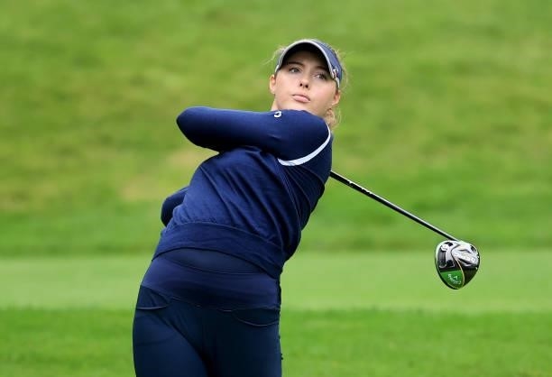 Georgina Blackman of England plays her tee shot on the seventh hole during the Rose Ladies Series Final at Bearwood Lakes Golf Club on September 25,...