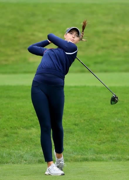Georgina Blackman of England plays her tee shot on the seventh hole during the Rose Ladies Series Final at Bearwood Lakes Golf Club on September 25,...