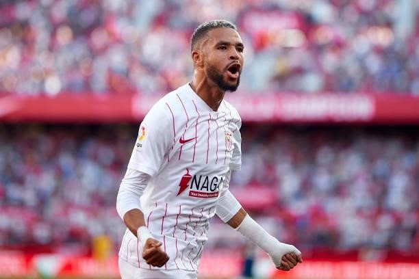 Youssef En-Nesyri of Sevilla FC celebrates scoring their teams first goal during the La Liga Santader match between Sevilla FC and RCD Espanyol at...
