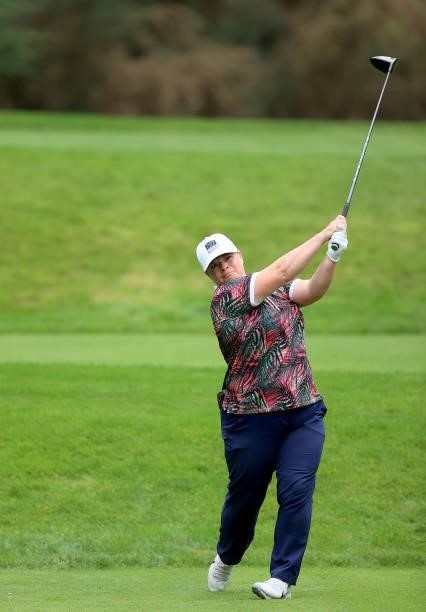 Lydia Hall of Wales plays her tee shot on the seventh hole during the Rose Ladies Series Final at Bearwood Lakes Golf Club on September 25, 2021 in...