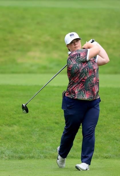 Lydia Hall of Wales plays her tee shot on the seventh hole during the Rose Ladies Series Final at Bearwood Lakes Golf Club on September 25, 2021 in...
