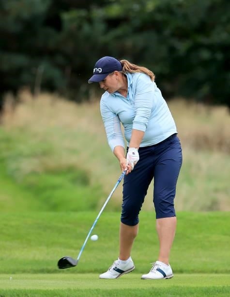 Liz Young of England plays her tee shot on the second hole during the Rose Ladies Series Final at Bearwood Lakes Golf Club on September 25, 2021 in...