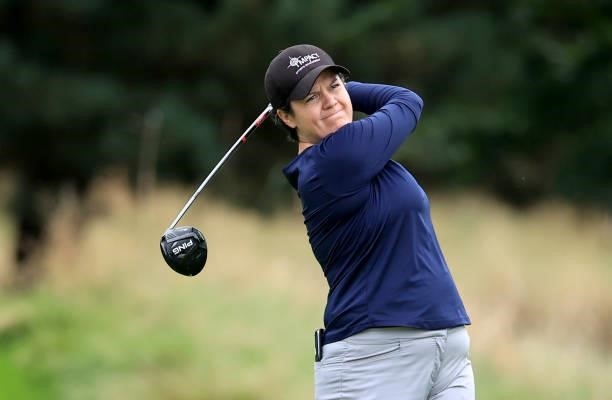 Becky Brewerton of Wales plays her tee shot on the second hole during the Rose Ladies Series Final at Bearwood Lakes Golf Club on September 25, 2021...