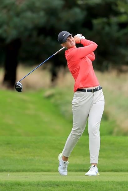 Gabriella Cowley of England plays her tee shot on the second hole during the Rose Ladies Series Final at Bearwood Lakes Golf Club on September 25,...