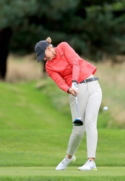 Gabriella Cowley of England plays her tee shot on the second hole during the Rose Ladies Series Final at Bearwood Lakes Golf Club on September 25,...
