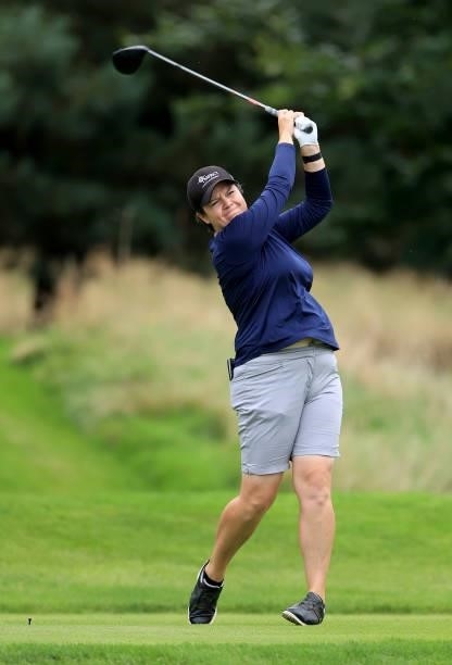 Becky Brewerton of Wales plays her tee shot on the second hole during the Rose Ladies Series Final at Bearwood Lakes Golf Club on September 25, 2021...