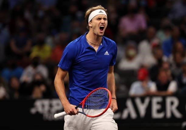 Alexander Zverev of Team Europe reacts to a shot against John Isner of Team World during the sixth match during Day 2 of the 2021 Laver Cup at TD...