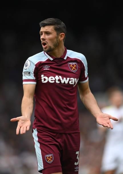West Ham player Aaron Cresswell reacts during the Premier League match between Leeds United and West Ham United at Elland Road on September 25, 2021...