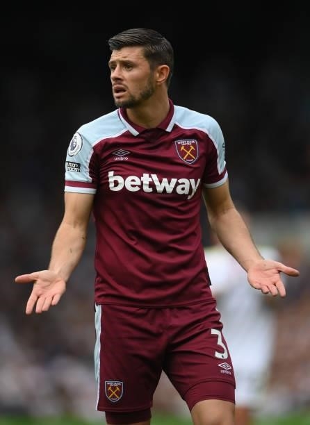 West Ham player Aaron Cresswell reacts during the Premier League match between Leeds United and West Ham United at Elland Road on September 25, 2021...