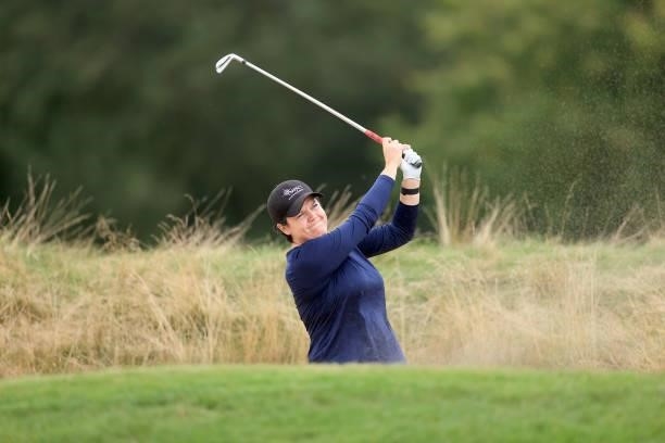 Becky Brewerton of Wales plays her fourth shot on the first hole during the Rose Ladies Series Final at Bearwood Lakes Golf Club on September 25,...