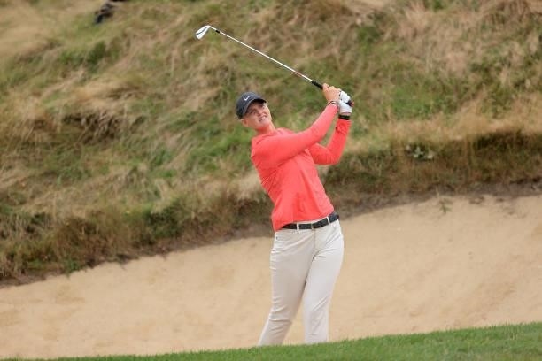 Gabriella Cowley of England plays her second shot on the first hole during the Rose Ladies Series Final at Bearwood Lakes Golf Club on September 25,...