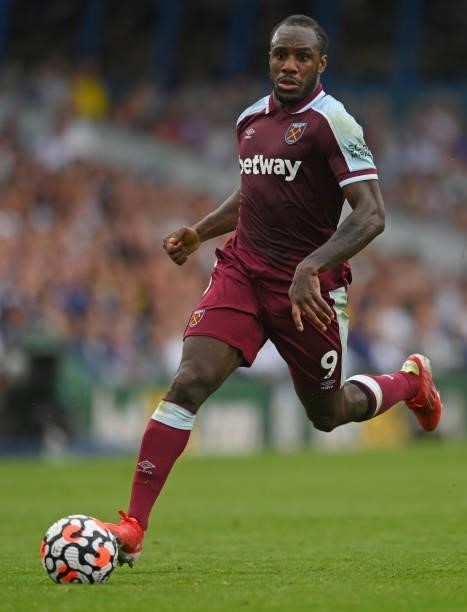 West Ham striker Michail Antonio in action during the Premier League match between Leeds United and West Ham United at Elland Road on September 25,...