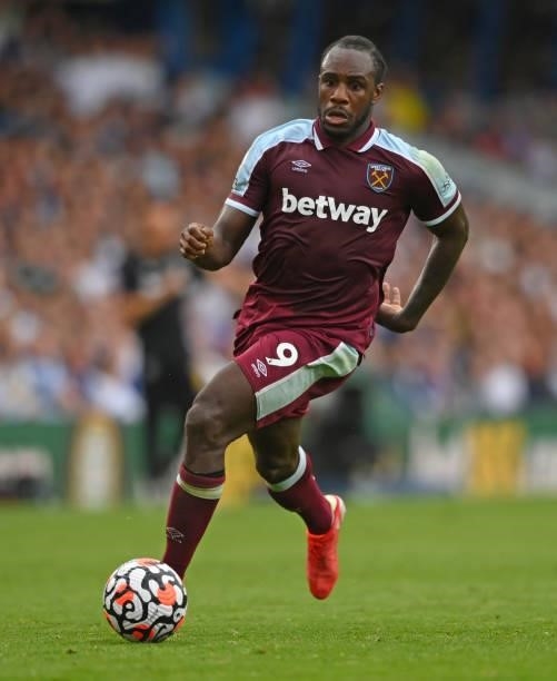 West Ham striker Michail Antonio in action during the Premier League match between Leeds United and West Ham United at Elland Road on September 25,...